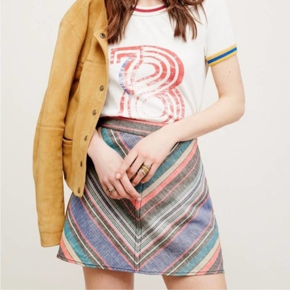 Free People Yours Truly Vintage Red Chevron Stripe Western Linen Mini Skirt 0 XS - Picture 10 of 14